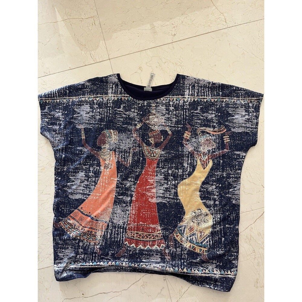 MT Collection Bohemian Artistic Graphic Top Short Sleeve Distressed Navy Blue
